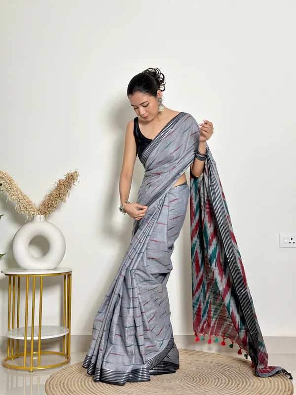 Ikat Natural Dyed HandCrafted Soft Linen Saree