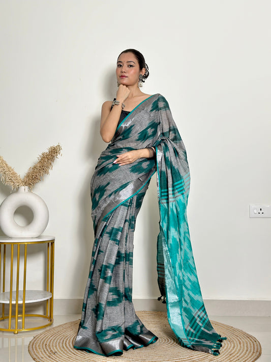 Grey And Turquoise Ikat Natural Dyed HandCrafted Soft Linen Saree