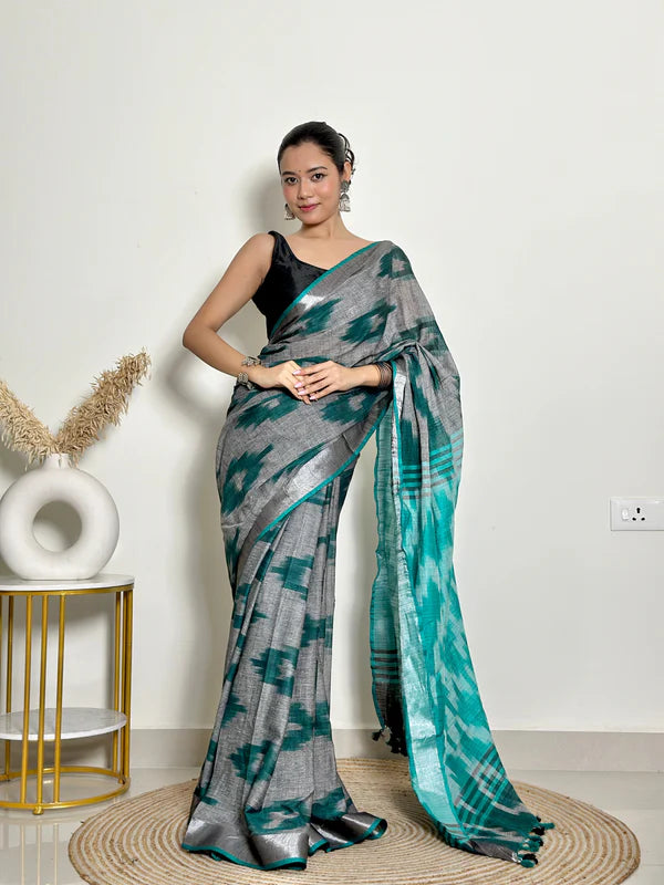 Ikat Natural Dyed HandCrafted Soft Linen Saree