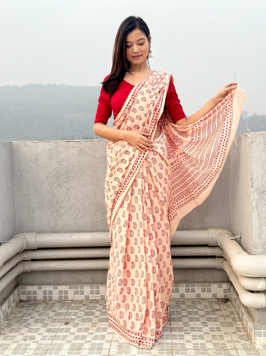 Creamy Canvas - Handblock Print Natural Dyed - Beige Mulmul Cotton Saree