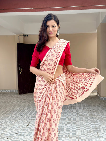 Creamy Canvas - Handblock Print Natural Dyed - Beige Mulmul Cotton Saree