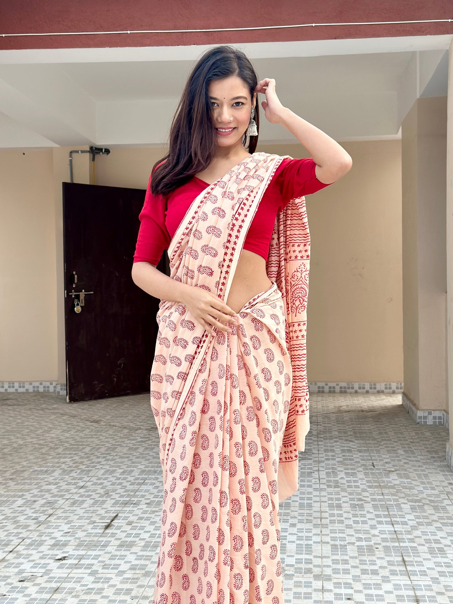 Creamy Canvas - Handblock Print Natural Dyed - Beige Mulmul Cotton Saree