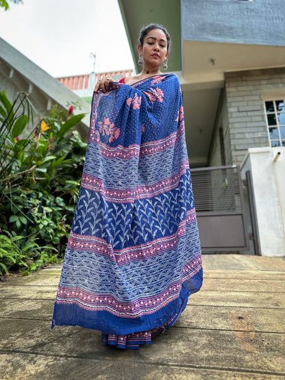 Elegant Navy Blue Handblock Printed Cotton Saree
