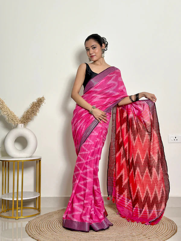 Ikat Natural Dyed HandCrafted Soft Linen Saree