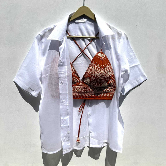 White Mul Shirt with Rust Orange Bralette Combo