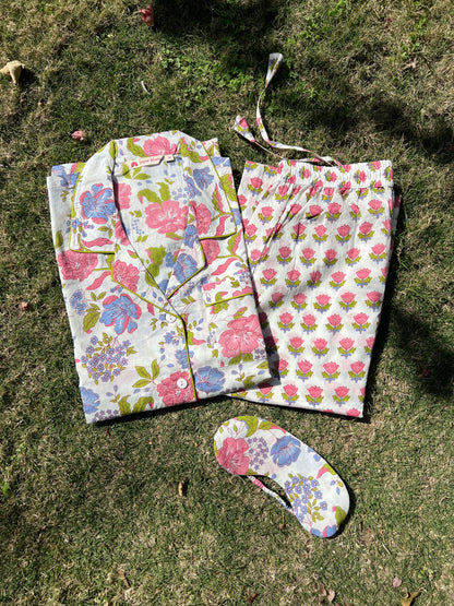 Printed Cotton Lapel Collar Lounge Set