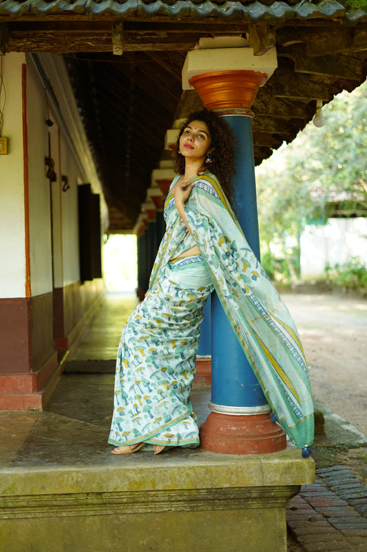 Seafoam Mushroom Magic - Chanderi Saree