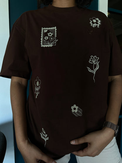 Flower Patches Embroidered Brown Tshirt