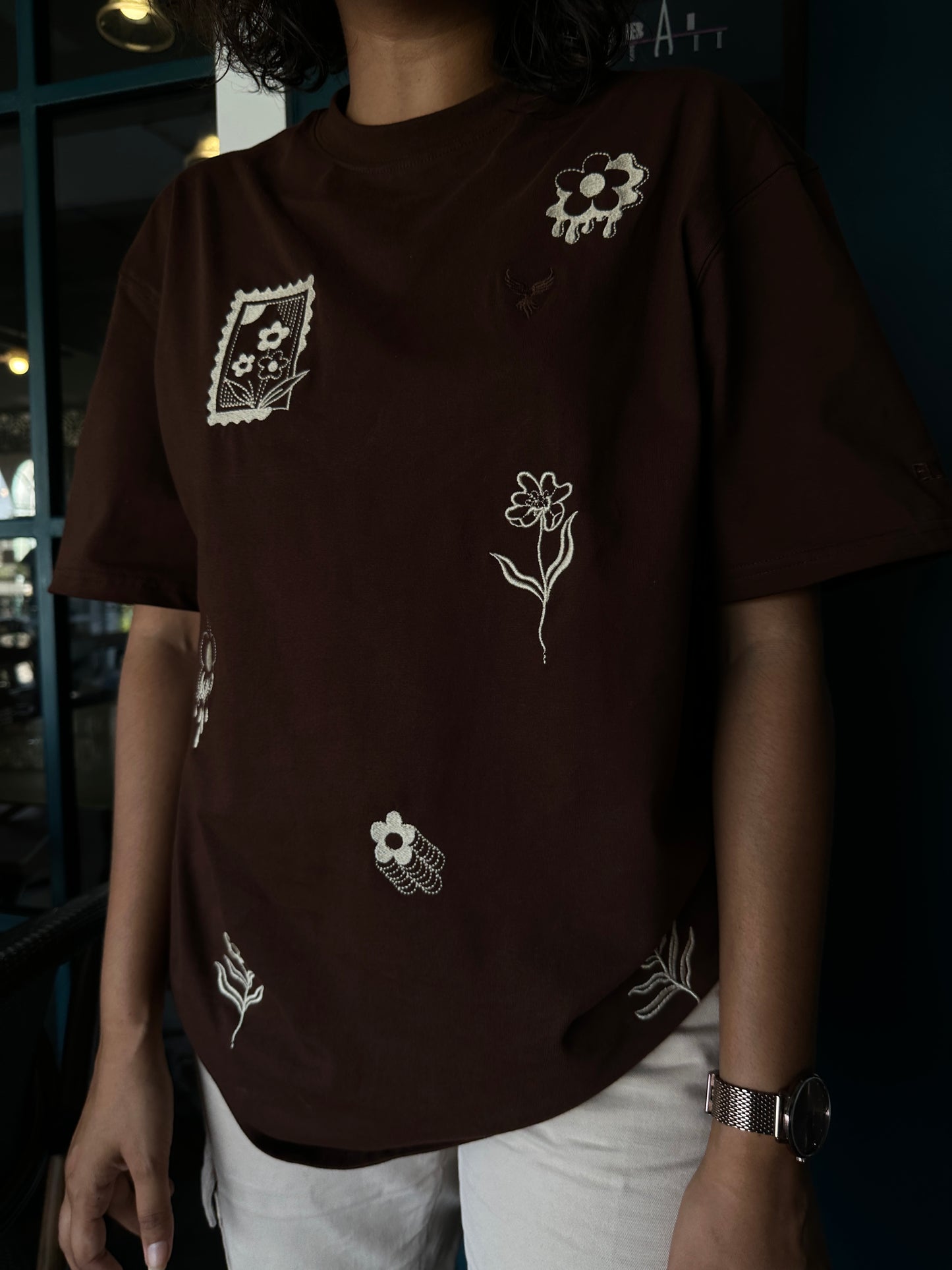 Flower Patches Embroidered Brown Tshirt