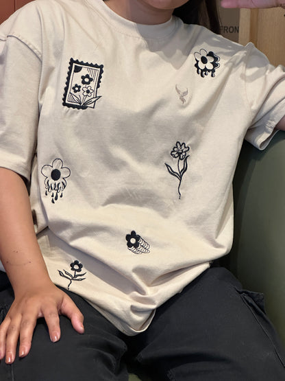 Flower Patches Embroidered Beige Tshirt