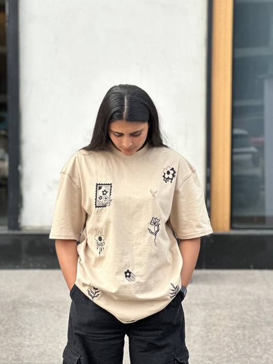 Flower Patches Embroidered Beige Tshirt