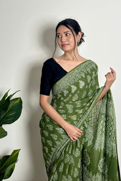 Olive Orchard Handblock Print Natural Dyed Mulmul Cotton Saree