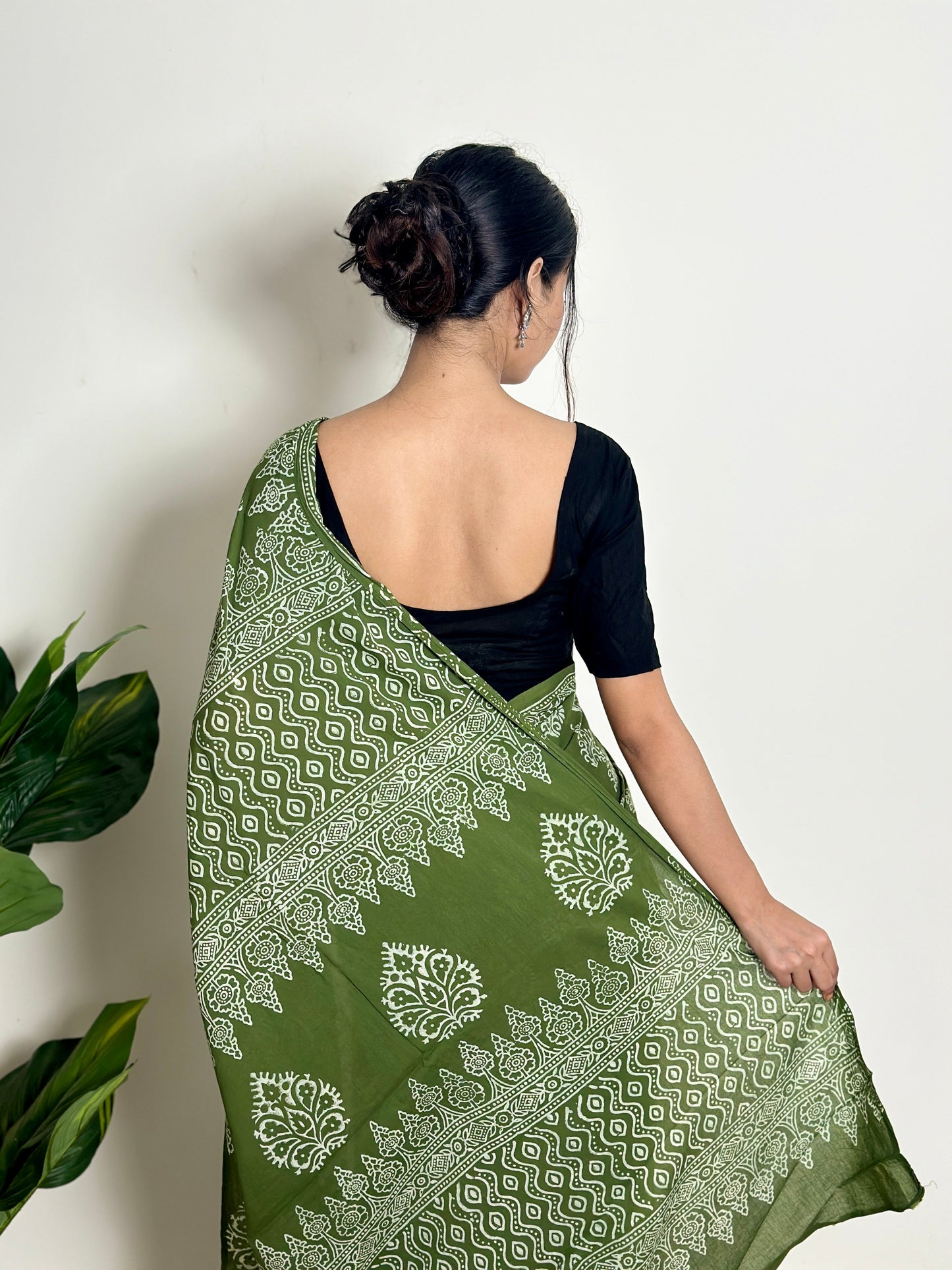Olive Orchard Handblock Print Natural Dyed Mulmul Cotton Saree