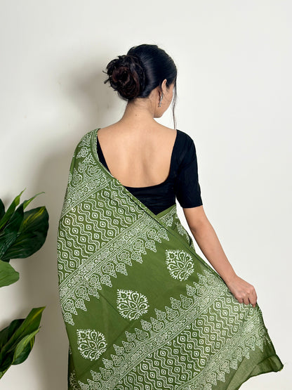 Olive Orchard Handblock Print Natural Dyed Mulmul Cotton Saree