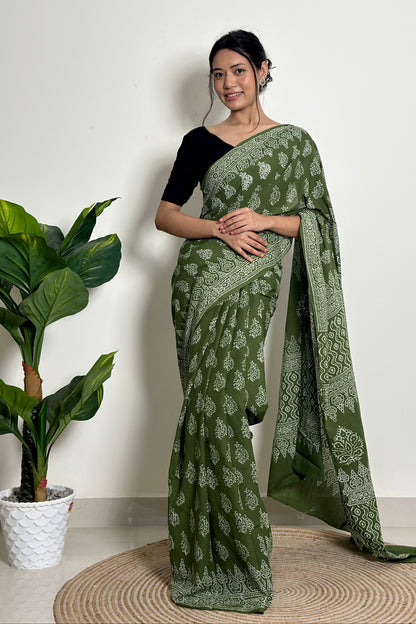 Olive Orchard Handblock Print Natural Dyed Mulmul Cotton Saree