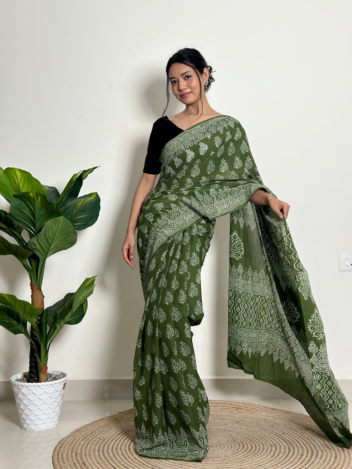 Olive Orchard Handblock Print Natural Dyed Mulmul Cotton Saree