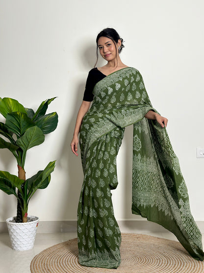 Olive Orchard Handblock Print Natural Dyed Mulmul Cotton Saree
