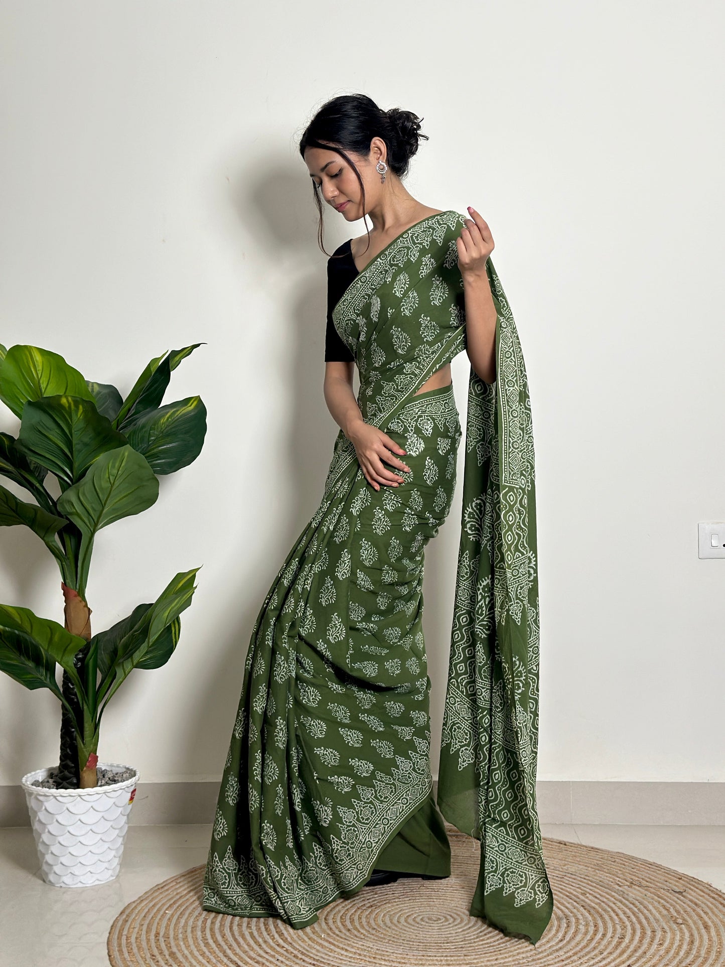 Olive Orchard Handblock Print Natural Dyed Mulmul Cotton Saree