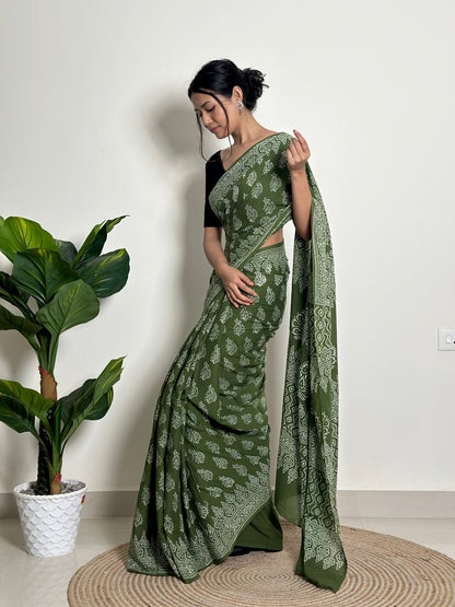 Olive Orchard Handblock Print Natural Dyed Mulmul Cotton Saree