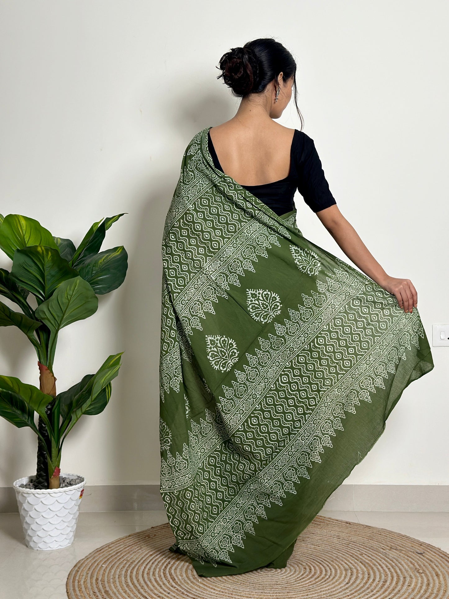 Olive Orchard Handblock Print Natural Dyed Mulmul Cotton Saree