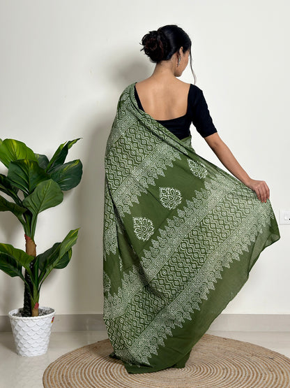Olive Orchard Handblock Print Natural Dyed Mulmul Cotton Saree
