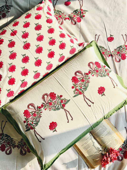 Blush Feather Hand Block Printed Cotton Bedsheet