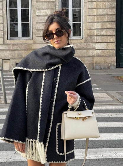 Serena OverCoat With Scarf in Black