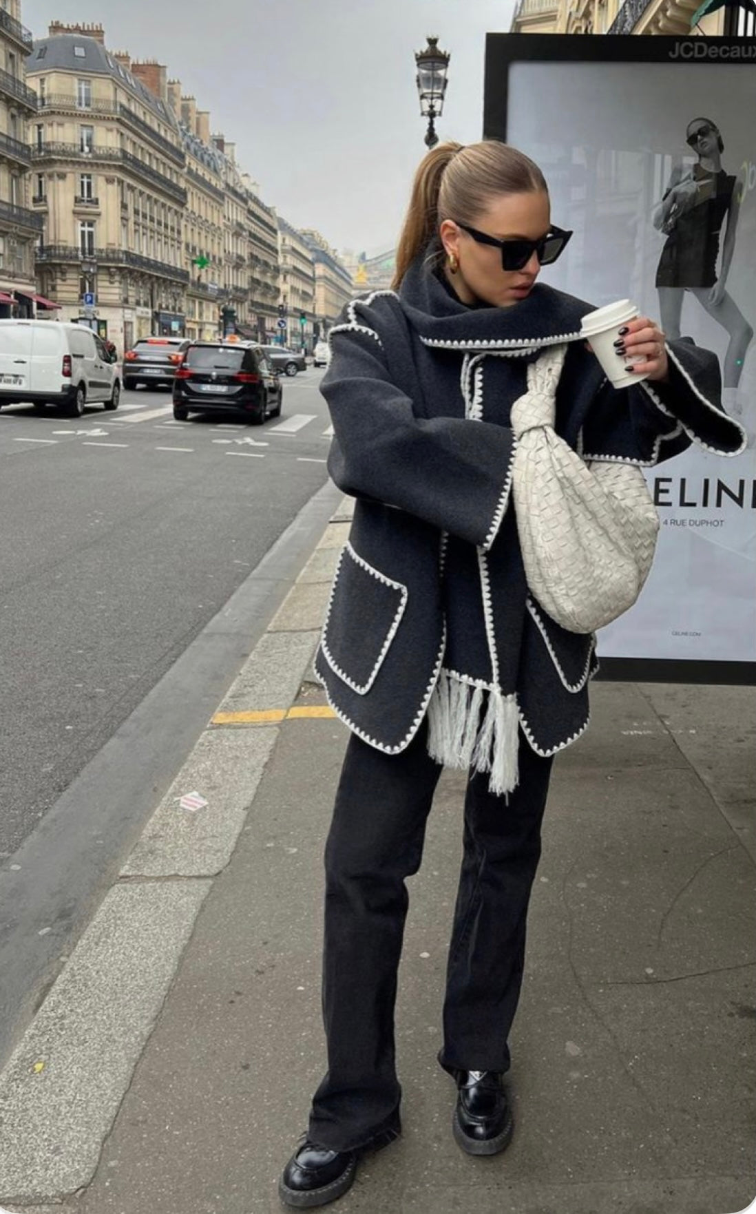 Serena OverCoat With Scarf in Black