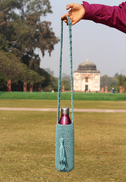 Teal Blue Water Bottle Crochet Tote Bag