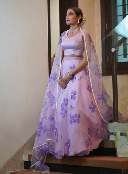 Dogwood Organza Hand-Painted Lehenga Enhanced With Pearls