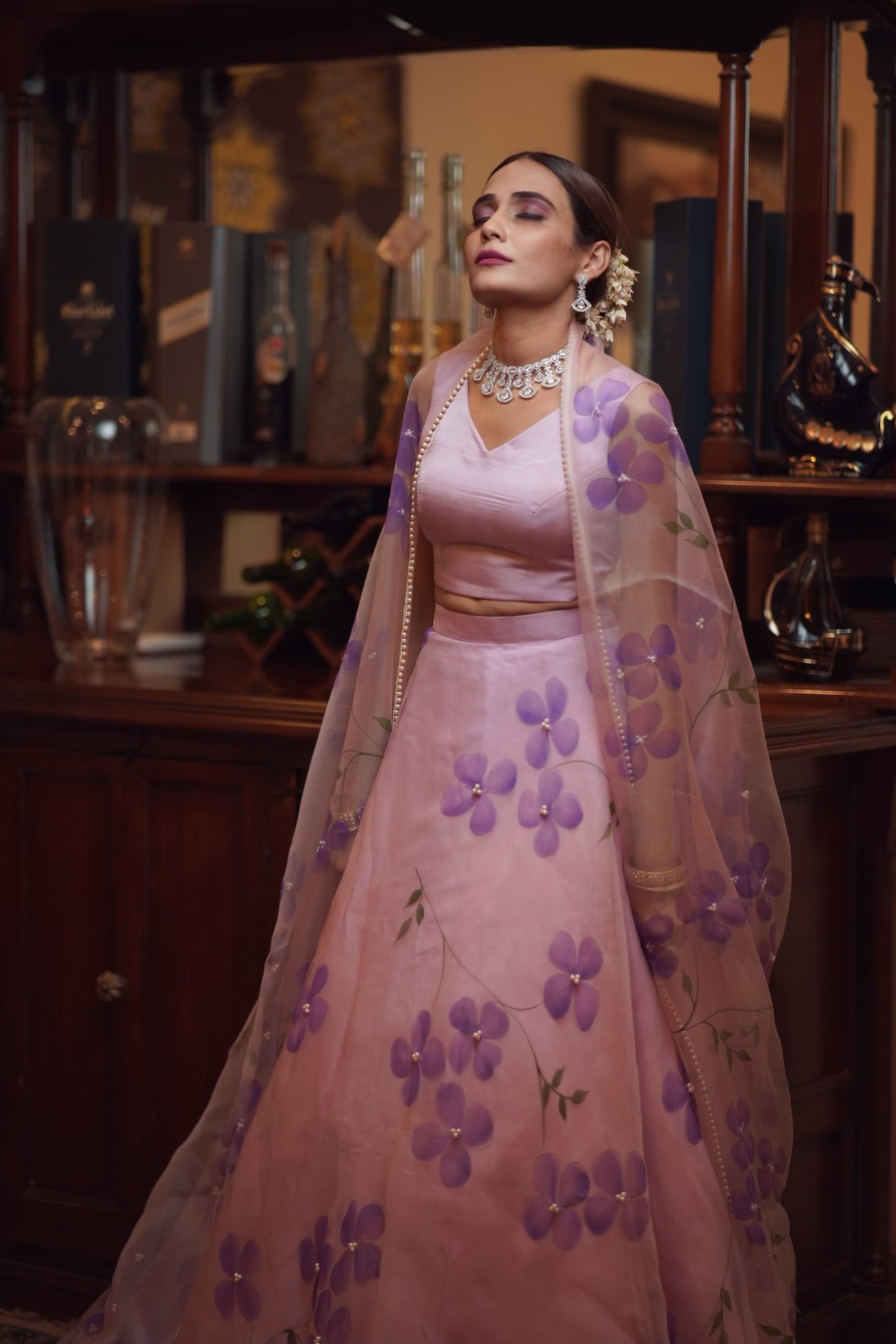 Dogwood Organza Hand-Painted Lehenga Enhanced With Pearls