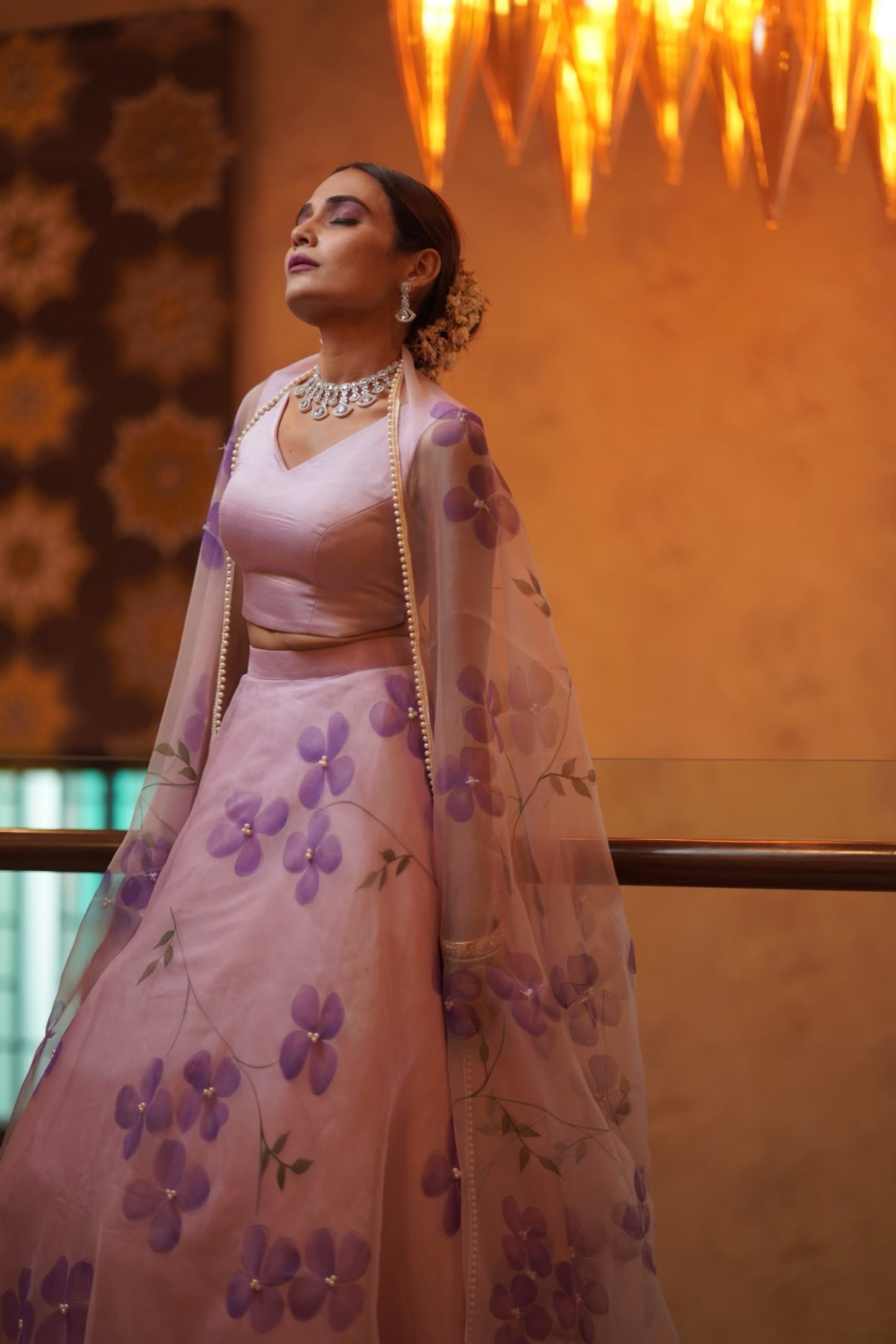 Dogwood Organza Hand-Painted Lehenga Enhanced With Pearls