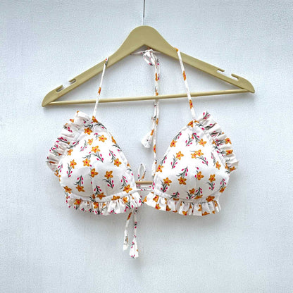 White & Yellow Butti Frill Cotton Bralette