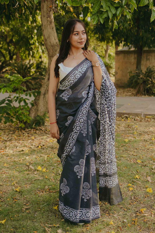 Charcoal - Grey Batik Pure Mulmul Cotton Saree
