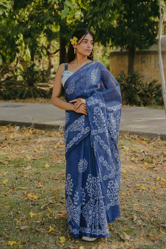 Cool Blue - Batik Pure Mulmul Cotton Saree