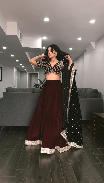 Hand Embroidered Velvet Lehenga Set