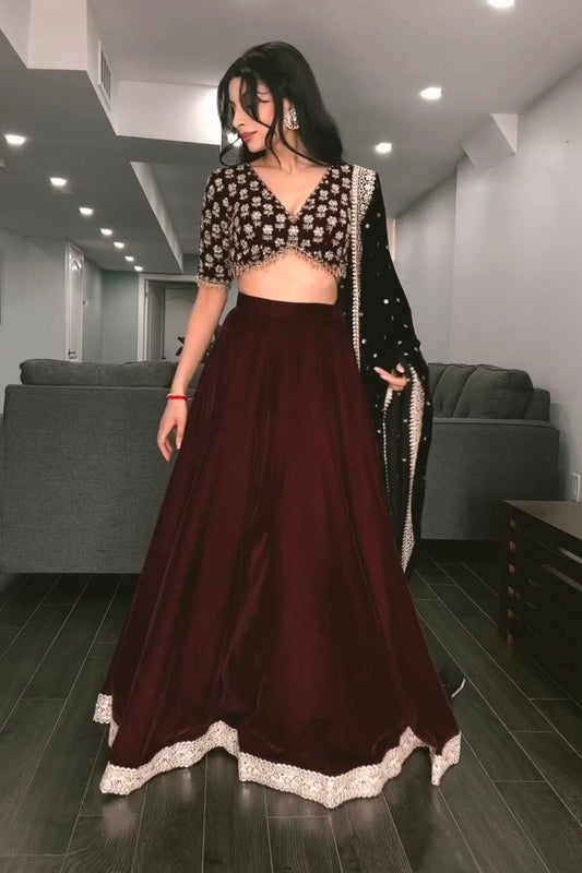 Hand Embroidered Velvet Lehenga Set
