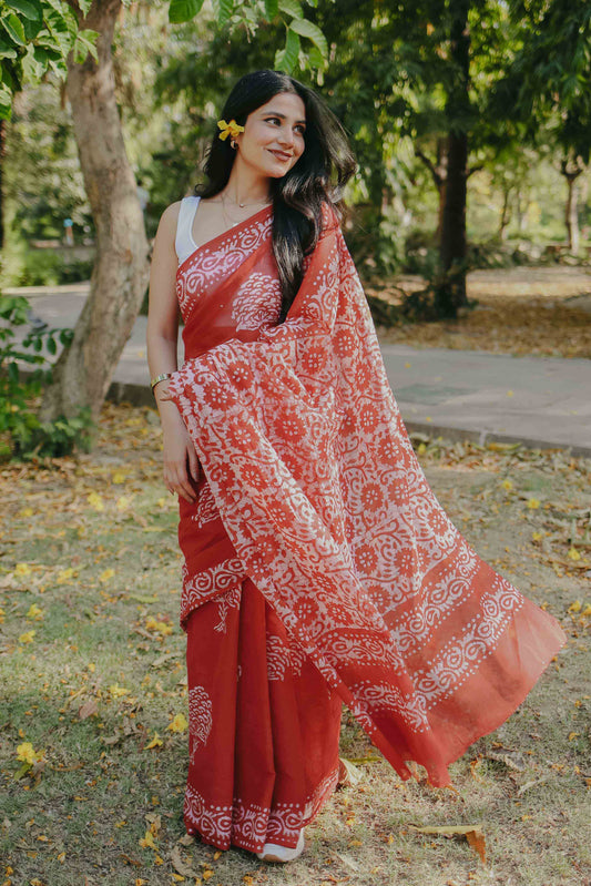 Cherry Crush - Red Batik Pure Mulmul Cotton Saree