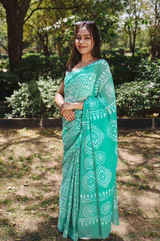 Mint Pop - Green Batik Pure Mulmul Cotton Saree