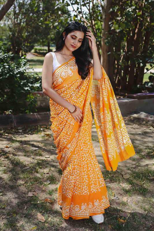 Mango Bite - Yellow Batik Pure Mulmul Cotton Saree