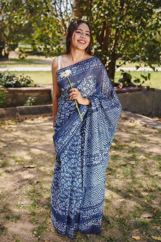 Midnight Blue - Batik Pure Mulmul Cotton Saree