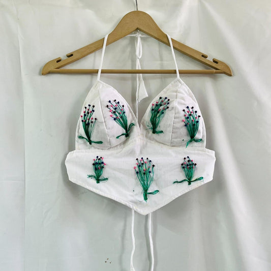 White Bouquet Thread Embroidery Bralette