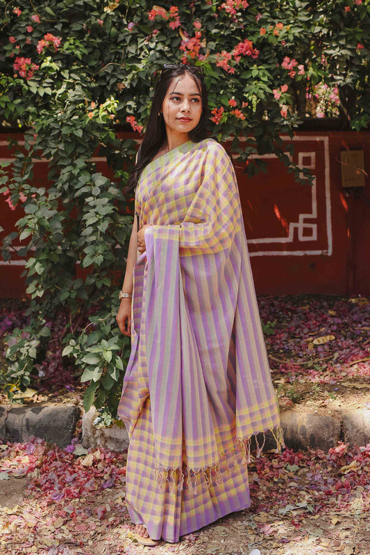 First Light - Lavender & Yellow Checked Organic Cotton Saree