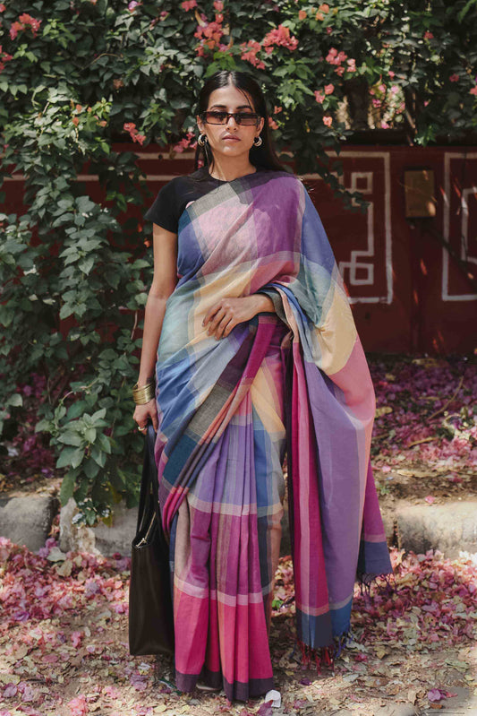 Power Play - Multicolour Checked Organic Cotton Saree