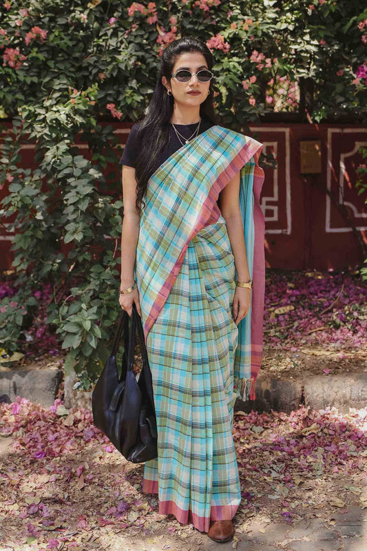 On the Clock - Turquoise & Green Checked Organic Cotton Saree