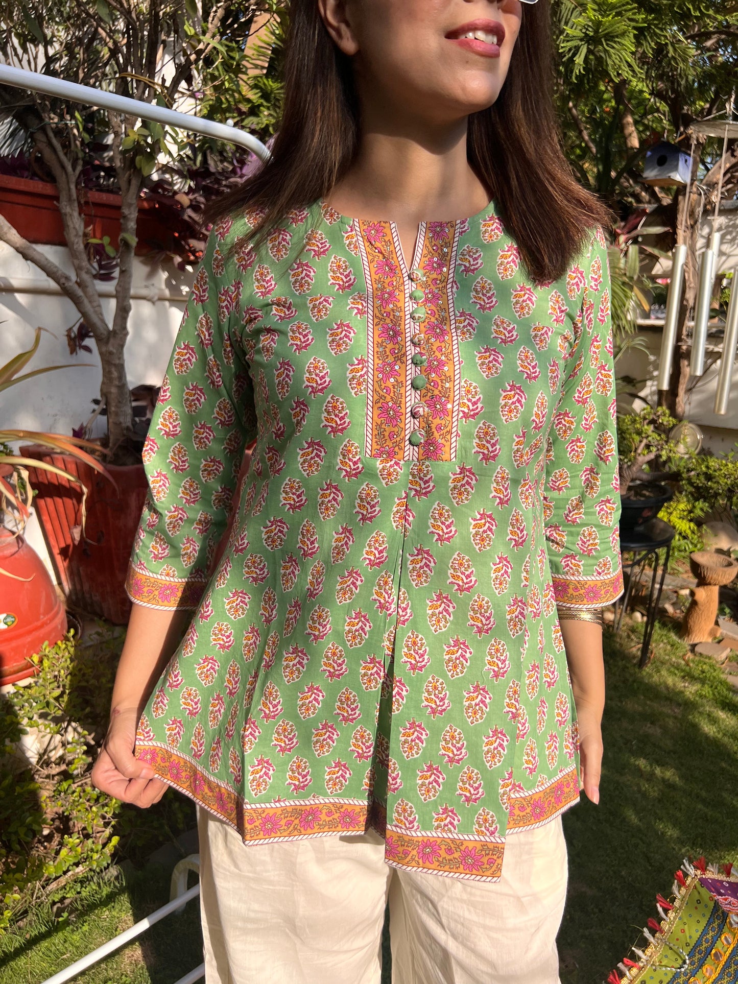 Ethnic Motifs Printed Sequinned Pure Cotton Kurti