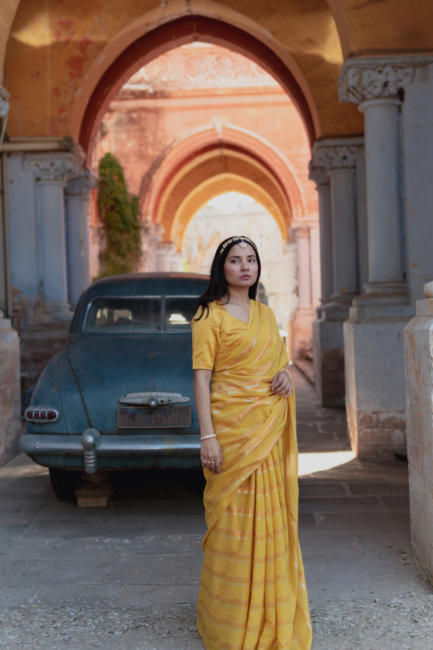 Gold & Silver Lurex Stripes Saree With Tassels