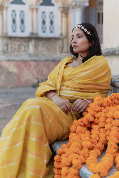 Gold & Silver Lurex Stripes Saree With Tassels