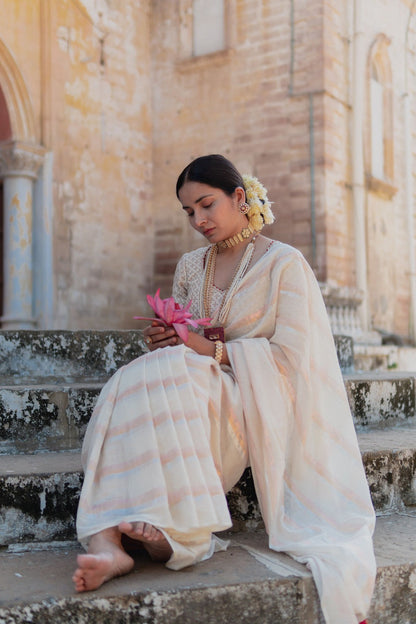 Gold & Silver Lurex Stripes Saree With Tassels