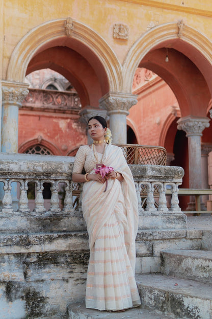 Gold & Silver Lurex Stripes Saree With Tassels